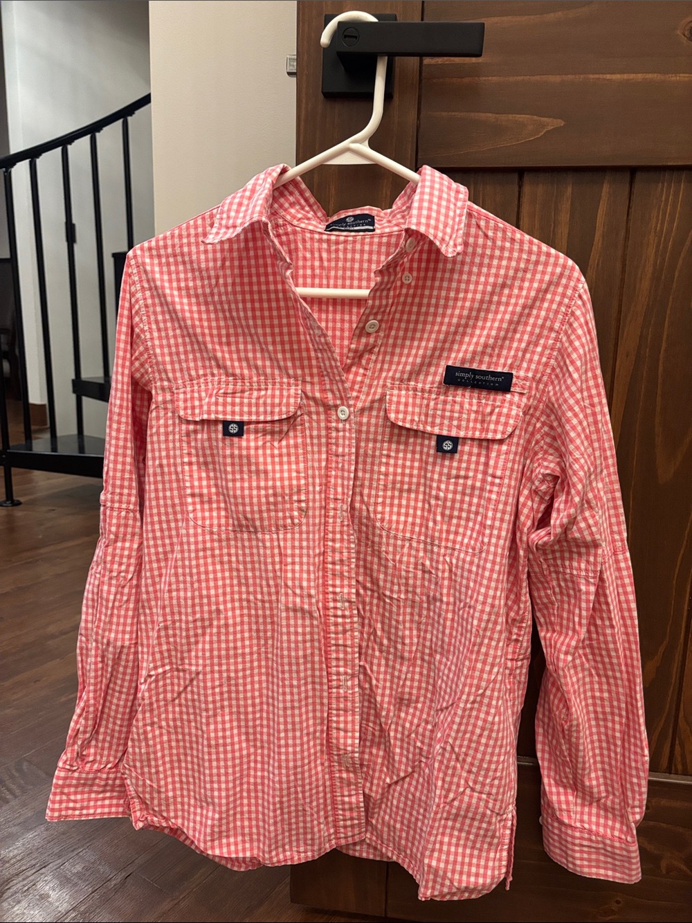 Men's Simply Southern Coral and White Gingham Button-Down Shirt - size small